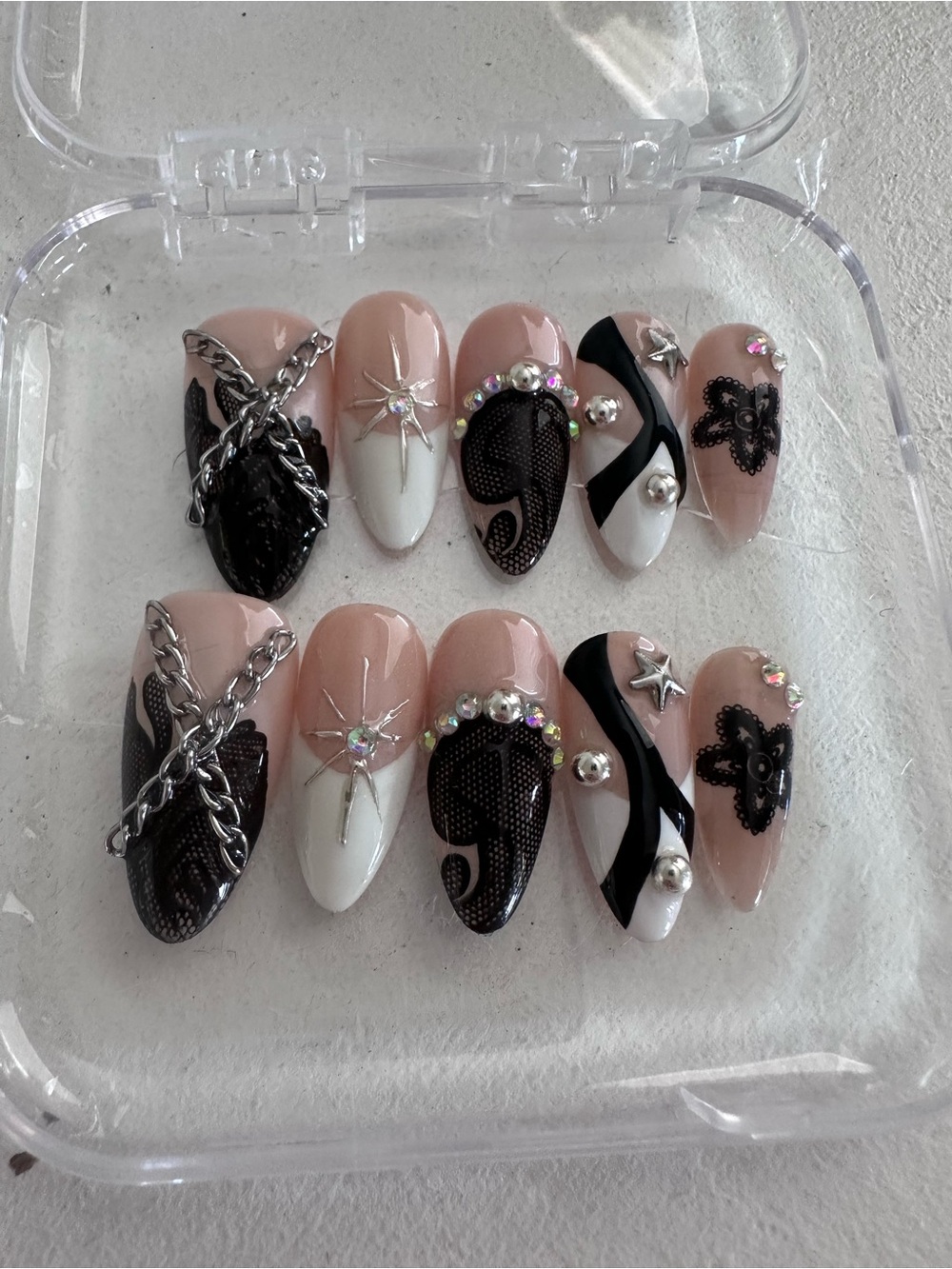 Custom Hand-Painted Long Stiletto Press On Nails Goth Cyber medium